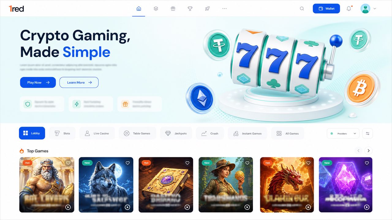 1red crypto casino homepage with slot game tiles and category tabs