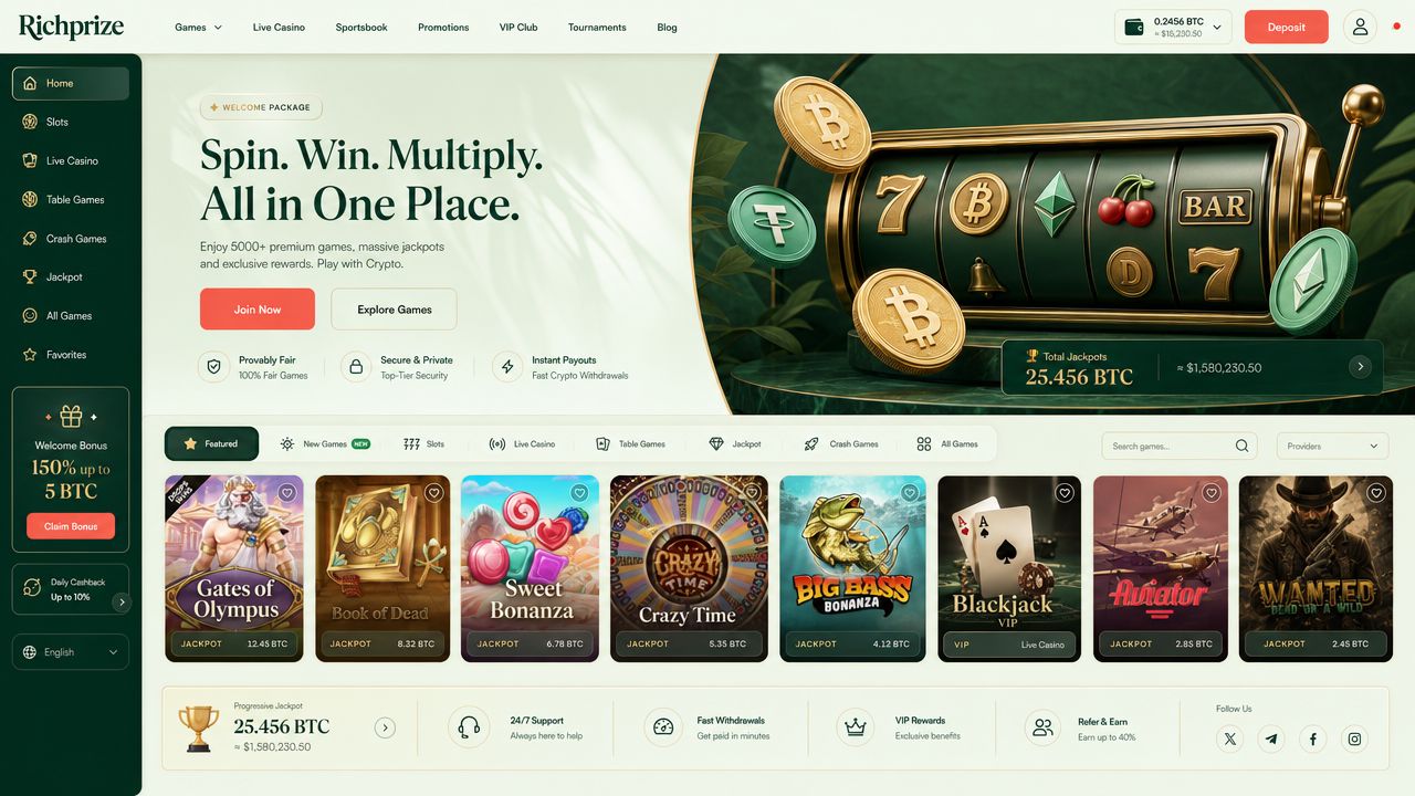 Richprize casino homepage with slot reels, category tabs and game tiles