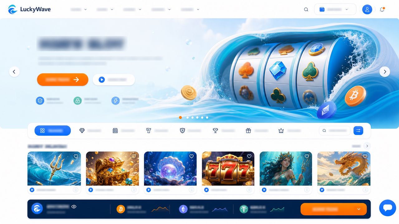 LuckyWave casino homepage with wave-themed slot reels and game tiles