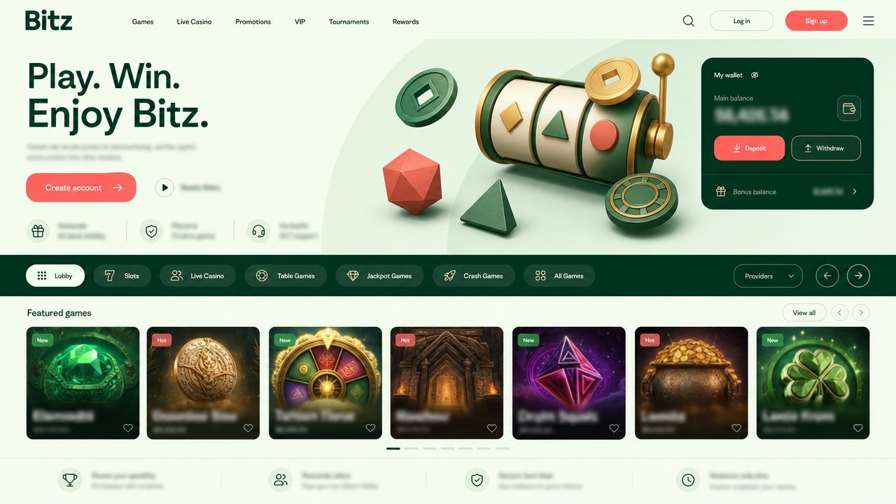 Bitz crypto casino homepage with game tiles, category tabs and wallet widget