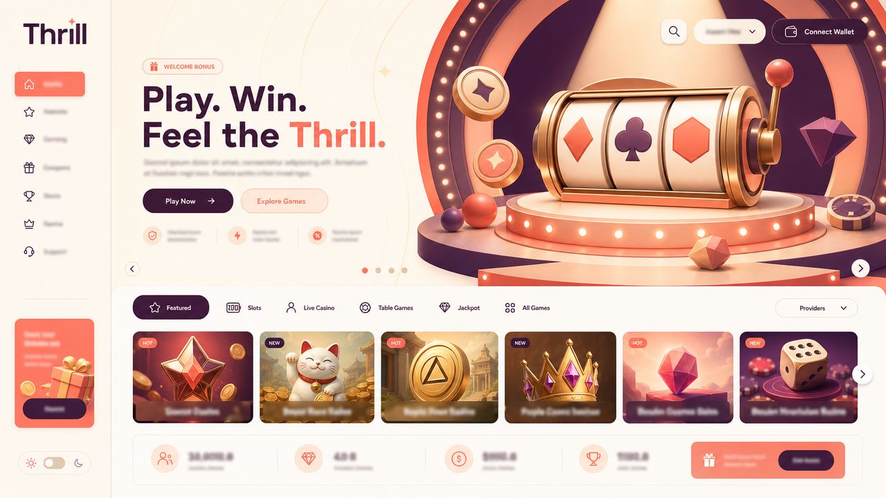 Thrill crypto casino homepage with slot reels, game tiles and category tabs