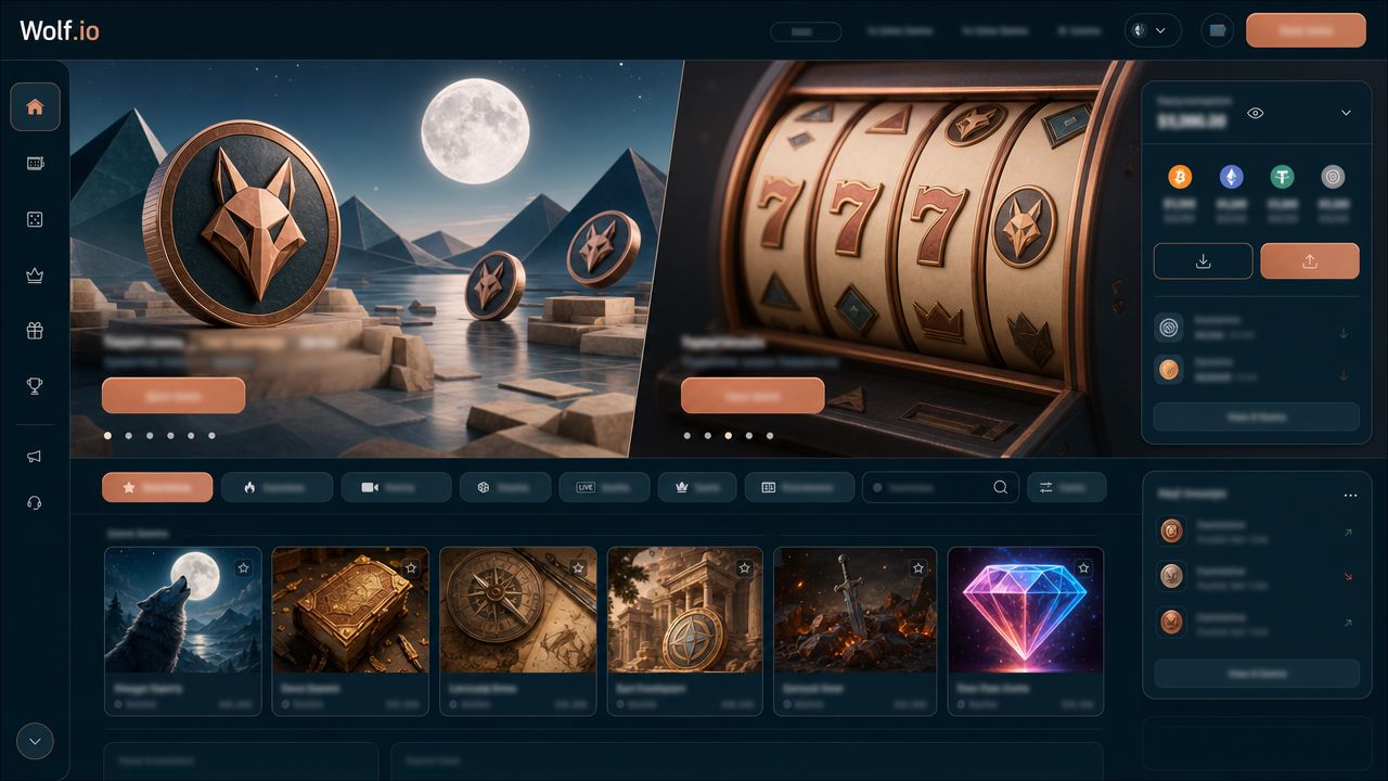 Wolf.io crypto casino homepage with wallet widget, category tabs and game tiles