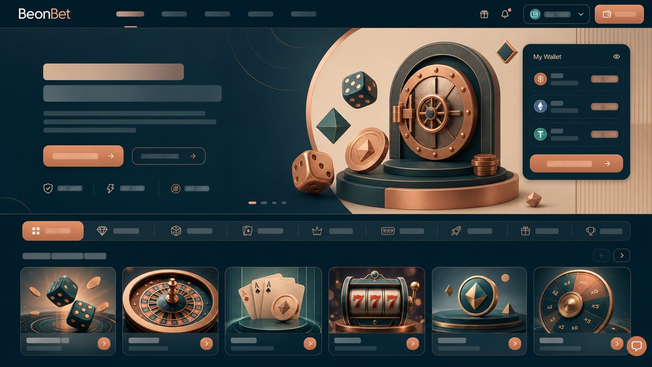 BeonBet casino homepage with wallet widget, game category tabs and slot tiles