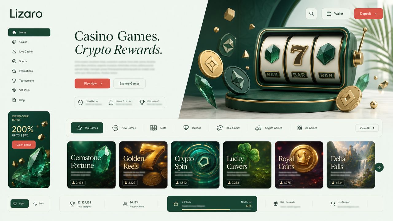 Lizaro casino homepage with game categories, slot tiles and wallet controls